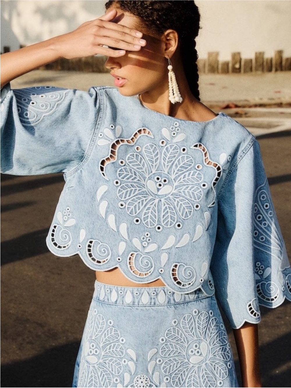 FARM Rio Light Blue Denim Eyelet Cutwork Crop Top